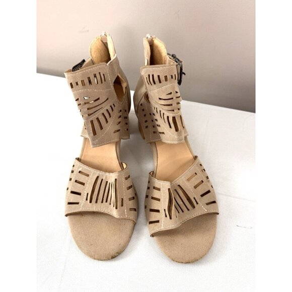 Boho Coastal Block Heel Sandals 42 10 Laser Cut Geo Ankle Cuff Neutral Western - Picture 5 of 15